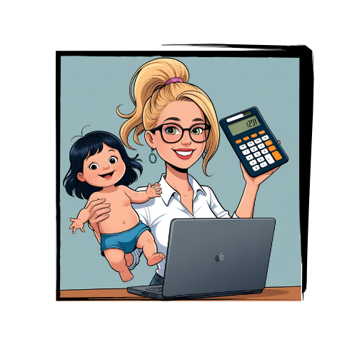 stylized image of a woman holding a calculator and a baby in front of a laptop