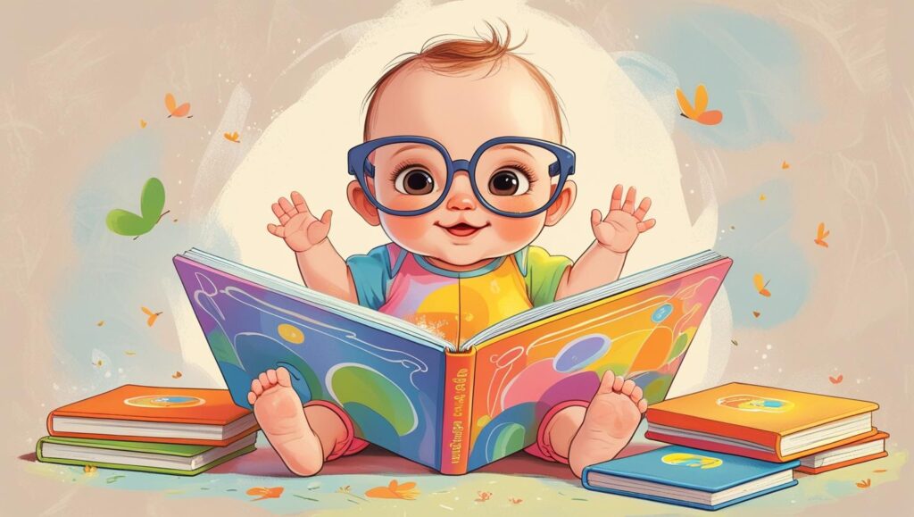 a cute image of a nerdy baby reading the theme is baby book club